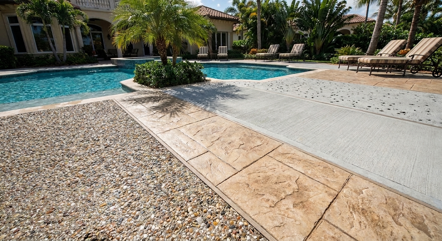 Palm Beach pool deck with various concrete finishes for heat reflection