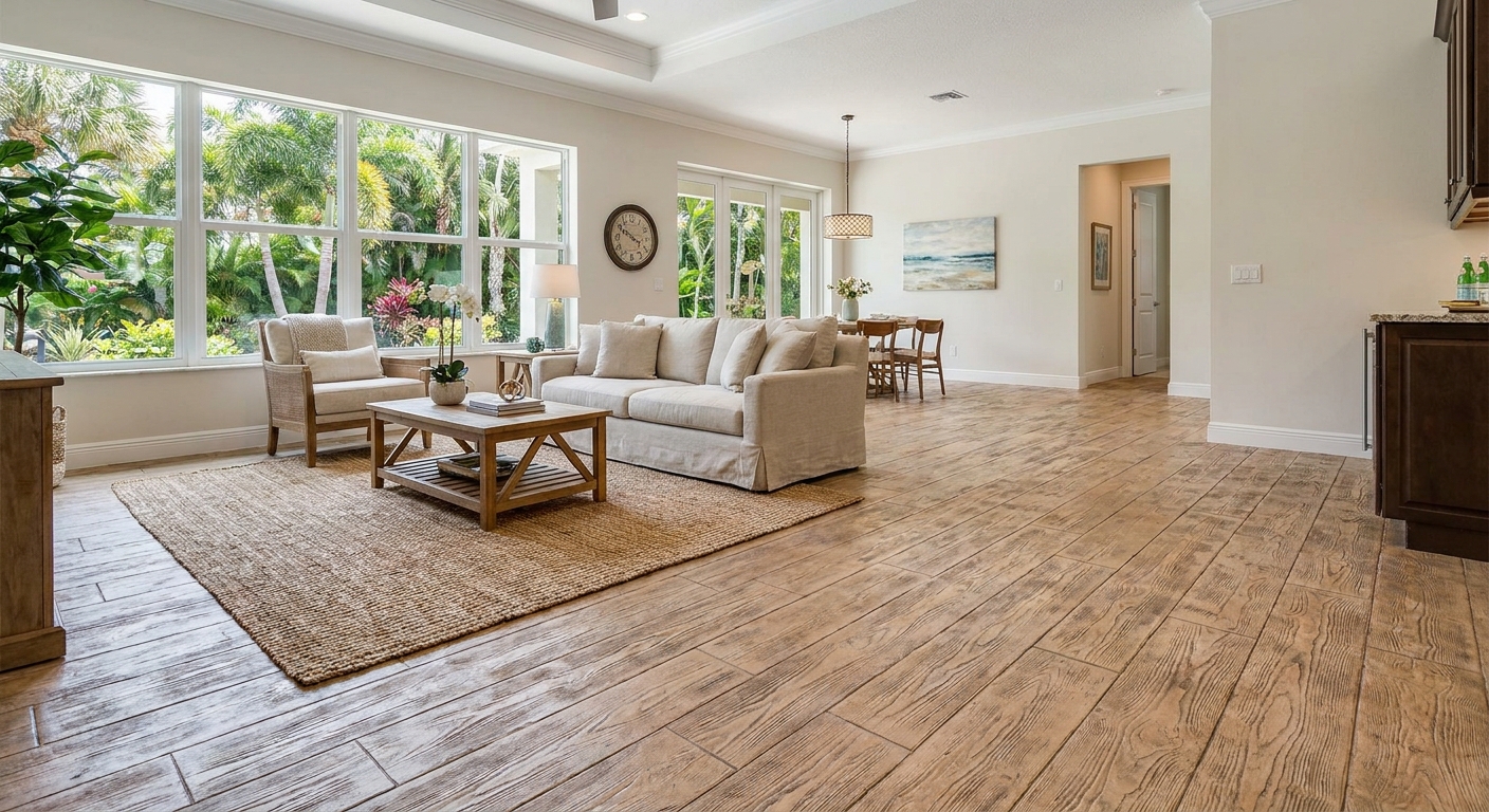 Photorealistic faux wood concrete flooring for indoor use in Palm Beach County, showing realistic wood grain and texture in a modern home interior.
