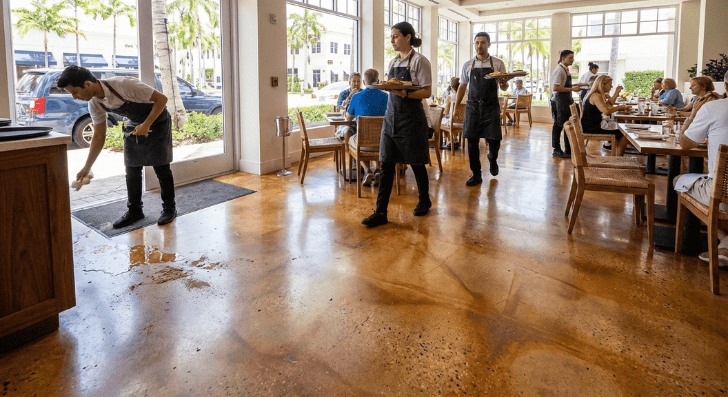 Concrete finishes for Palm Beach restaurant and retail floors - durability, style, and moisture resistance